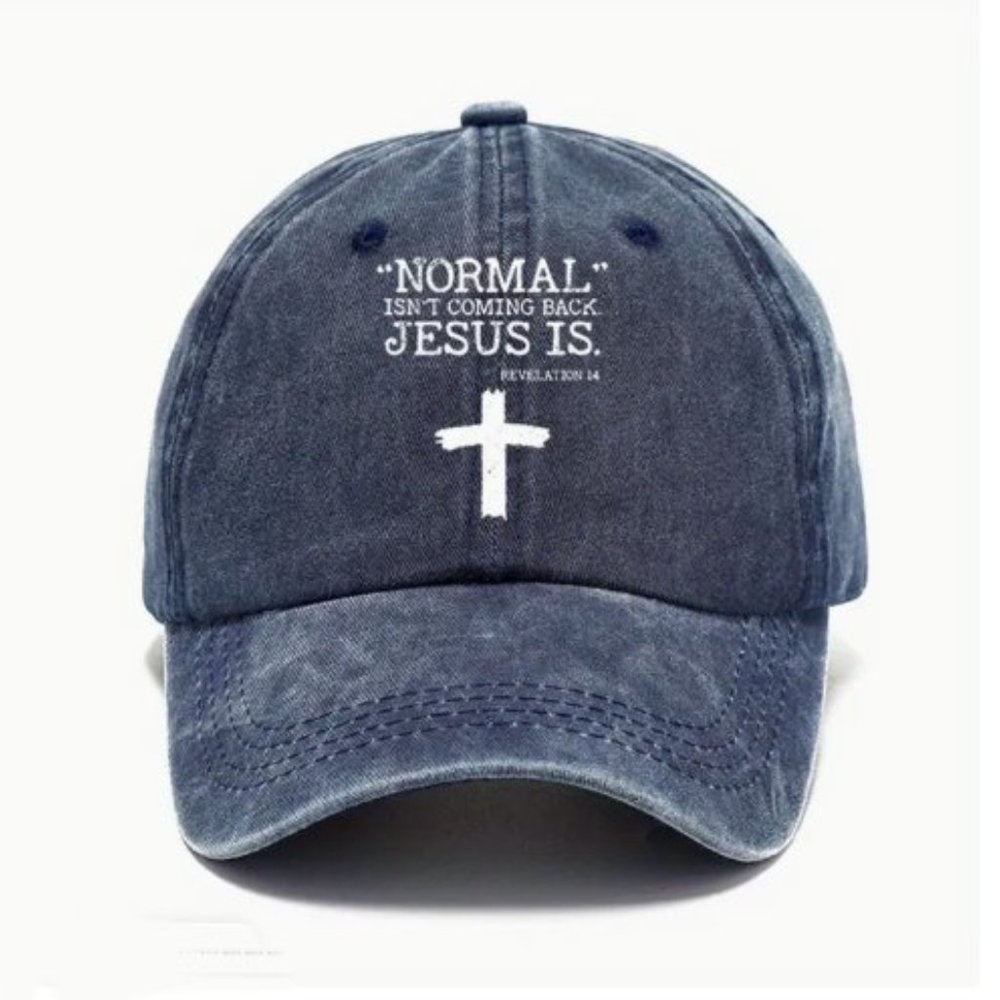 women's NORMAL ISN'T COMING BACK, JESUS IS blue soft ball cap